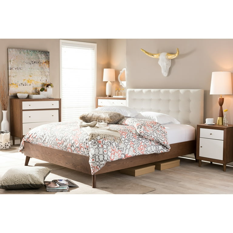 Baxton Studio Alinia Mid-century Retro Modern Light Beige Fabric Upholstered Walnut Wood Queen Size Platform Bed Baxton Studio Alinia Mid-century Retro Modern Light Beige Fabric Upholstered Walnut Wood Queen Size Platform Bed