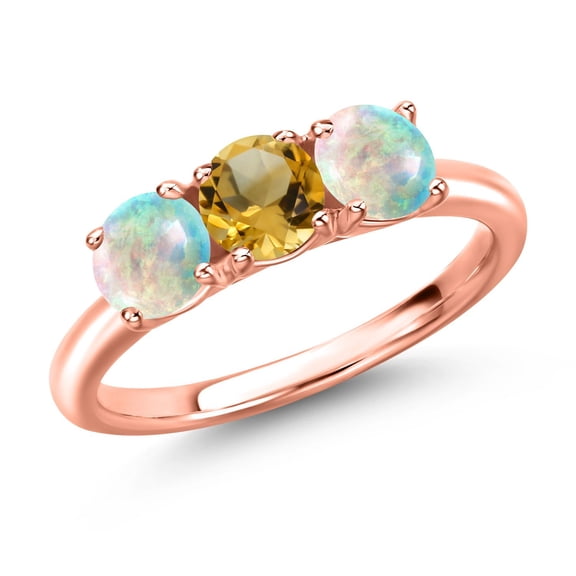 Gem Stone King 18K Rose Gold Plated Silver Yellow Citrine and Simulated White Opal Engagement Ring for Women | 1.45 Cttw | Round 5MM | Gemstone November Birthstone | Size 9