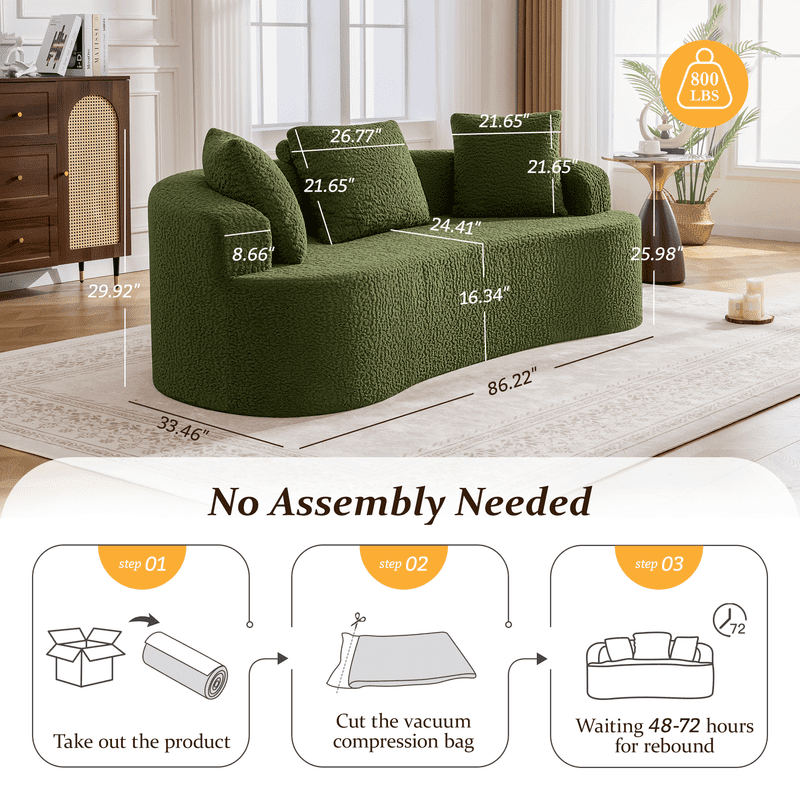 ATHOPE 86" Curved Cloud Couch, Boneless Sofa for Small Space, Plush Teddy Fabric Modern Couch with 3 Throw Pillows, Comfy Floor Love Seat for Living Room, Bedroom, Green