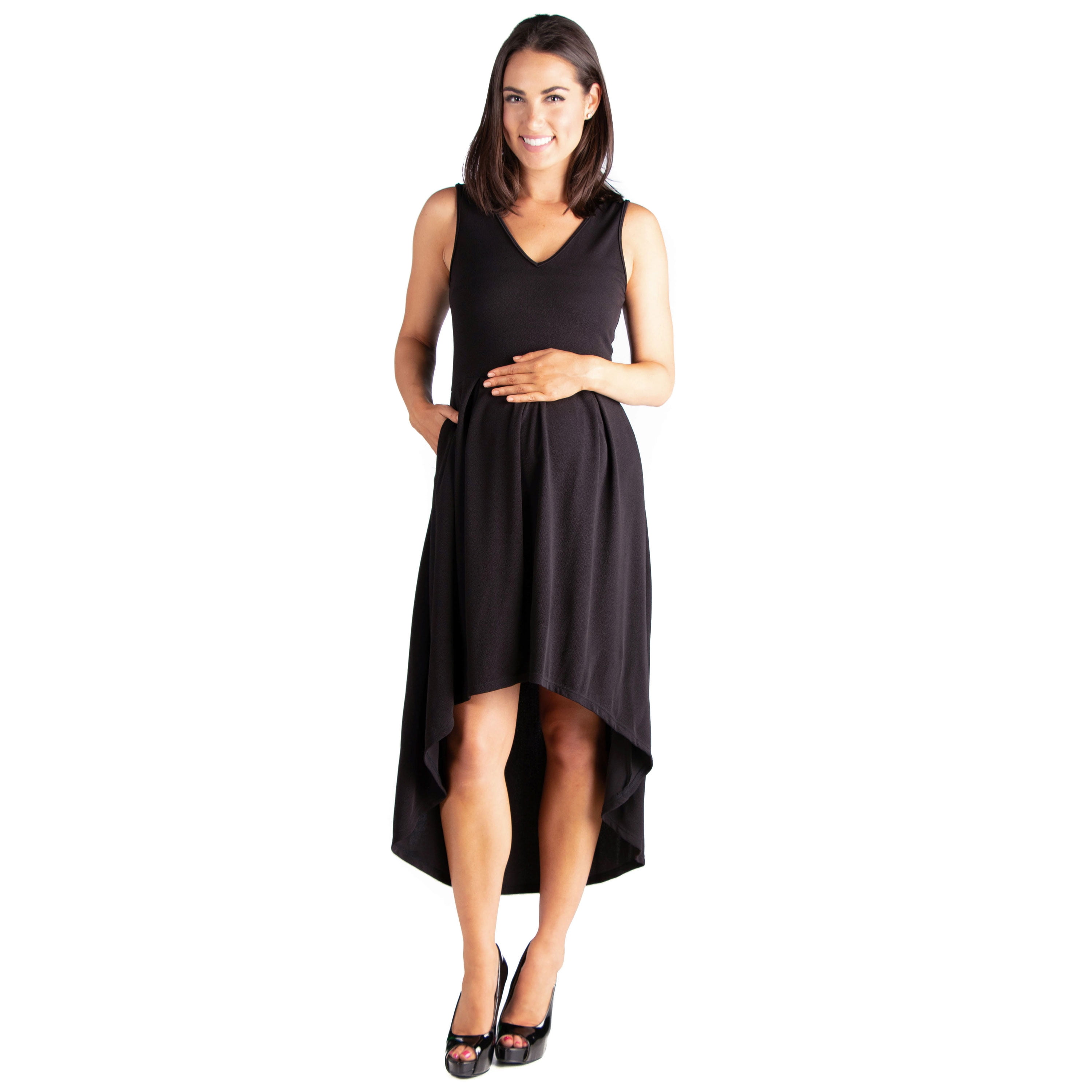 24seven Comfort Apparel Modern Classic High Low Maternity Little Black Dress with Pocket