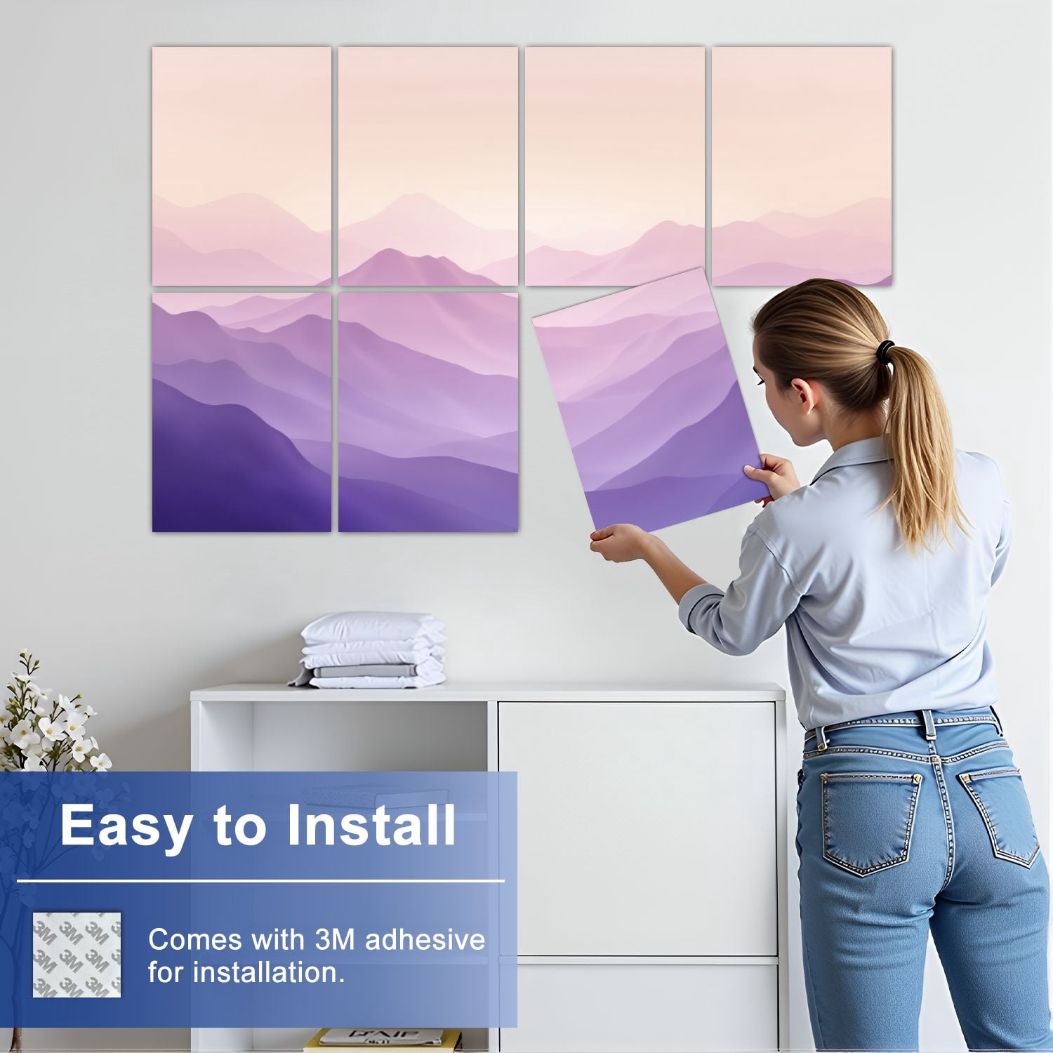 8 Pack Art Acoustic Panels Sound Absorbing Abstract Gradient Landscape Soft Pastel Pink Purple Hills Decorative Soundproof Wall Panels Self Adhesive for Nursery Game Room Bedroom 48"x32"