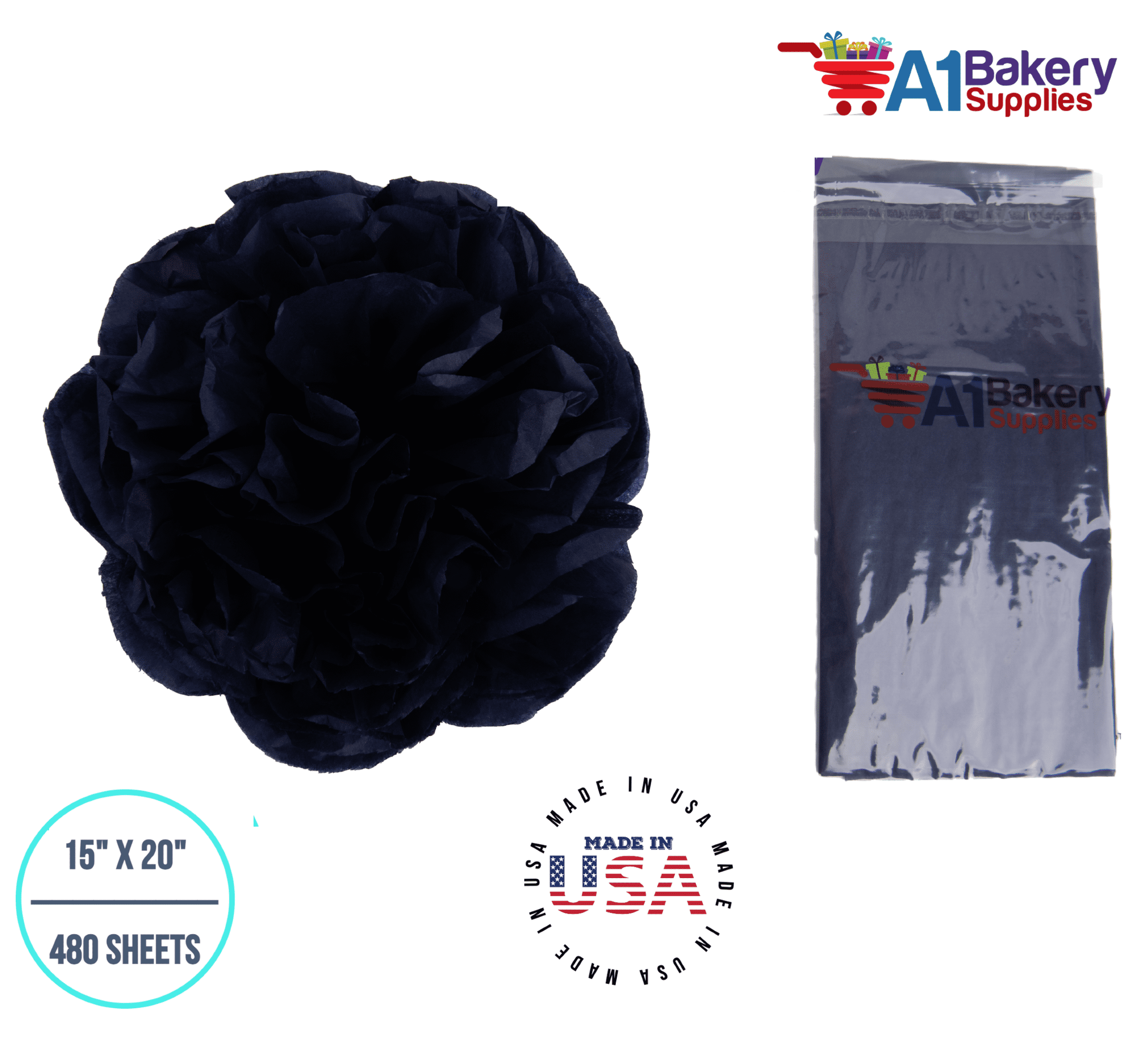 Black Tissue Paper Squares, Bulk 480 Sheets, Premium Gift Wrap and Art Supplies for Birthdays, A1 Bakery Supplies, Large 15 Inch x 20 Inch