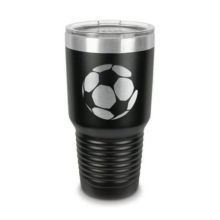 

Soccer Ball Tumbler 30 oz - Laser Engraved w/ Clear Lid - Stainless Steel - Vacuum Insulated - Double Walled - Travel Mug - european football - Black