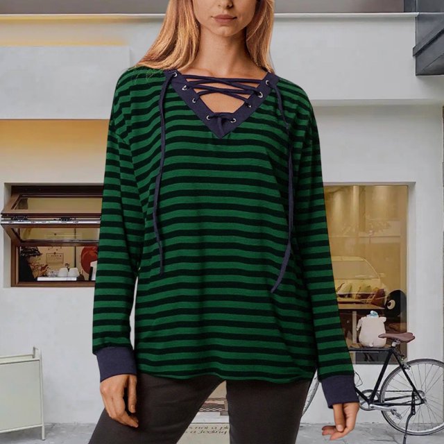 Chandail à Manches Longues pour Femmes à Rayures, Col en V, Détail à Nouer, Coupe Ample Décontractée, Chandail à Enfiler, Hauts pour Tenues de Tous les Jours, Veste Zippée, Chandail à Capuchon Léger, Veste de Noël à Fermeture Éclair Intégrale, Hauts Ailés pour Femmes