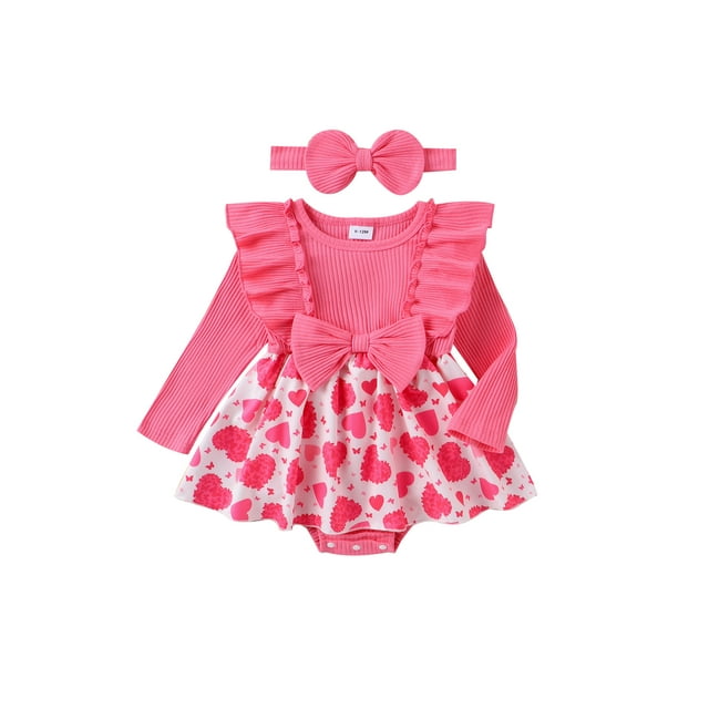 xiaxaixu Ensemble de 2 Pcs pour Bébé Fille avec Robe à Volants Imprimé Cœur Manches Longues + Bandeau Nœud 3D