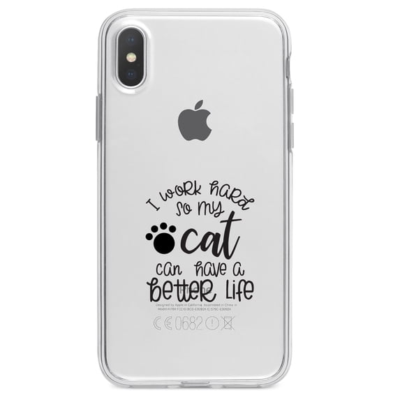 DistinctInk Clear Shockproof Hybrid Case for iPhone XS Max (6.5" Screen) - TPU Bumper Acrylic Back Tempered Glass Screen Protector - I Work Hard So My Cat Can Have a Better Life
