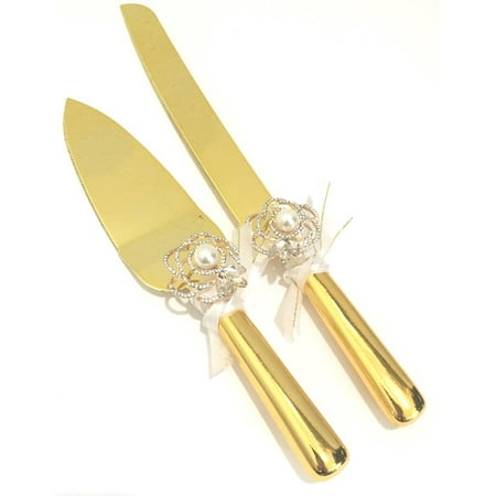 - Gold Rhinestone Flower Stainless Steel Cake Knife Server Set for Weddings Sweet 16 All Occasions