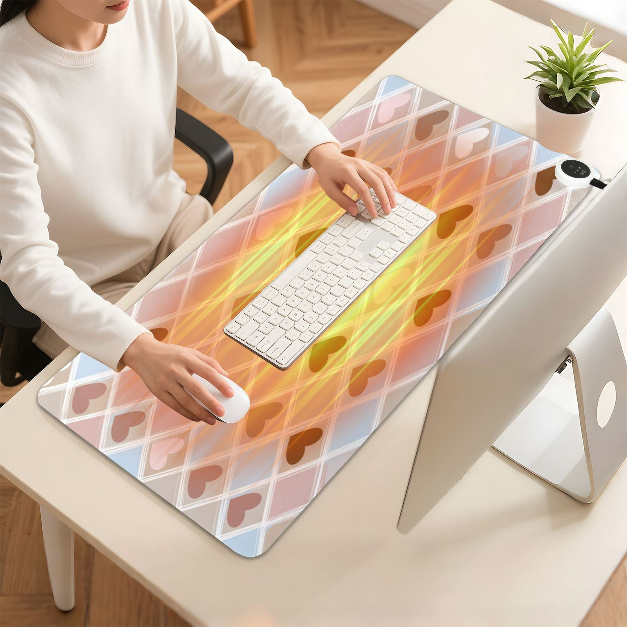 Large Heated Desk Mat Mouse Pad 31.5"x13"PU Leather Graphene Heating Desk Warmer with 3 Temperature Settings 110V US Plug Non-Slip Warm Pad for Home, Office, and Gaming Pastel Heart Argyle Pattern