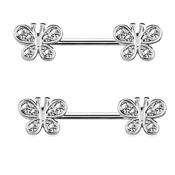 Body Accentz 14g paved butterfly Nipple Ring Nipple Bar 1.6mm Nipple Piercing Barbell (Silvertone)