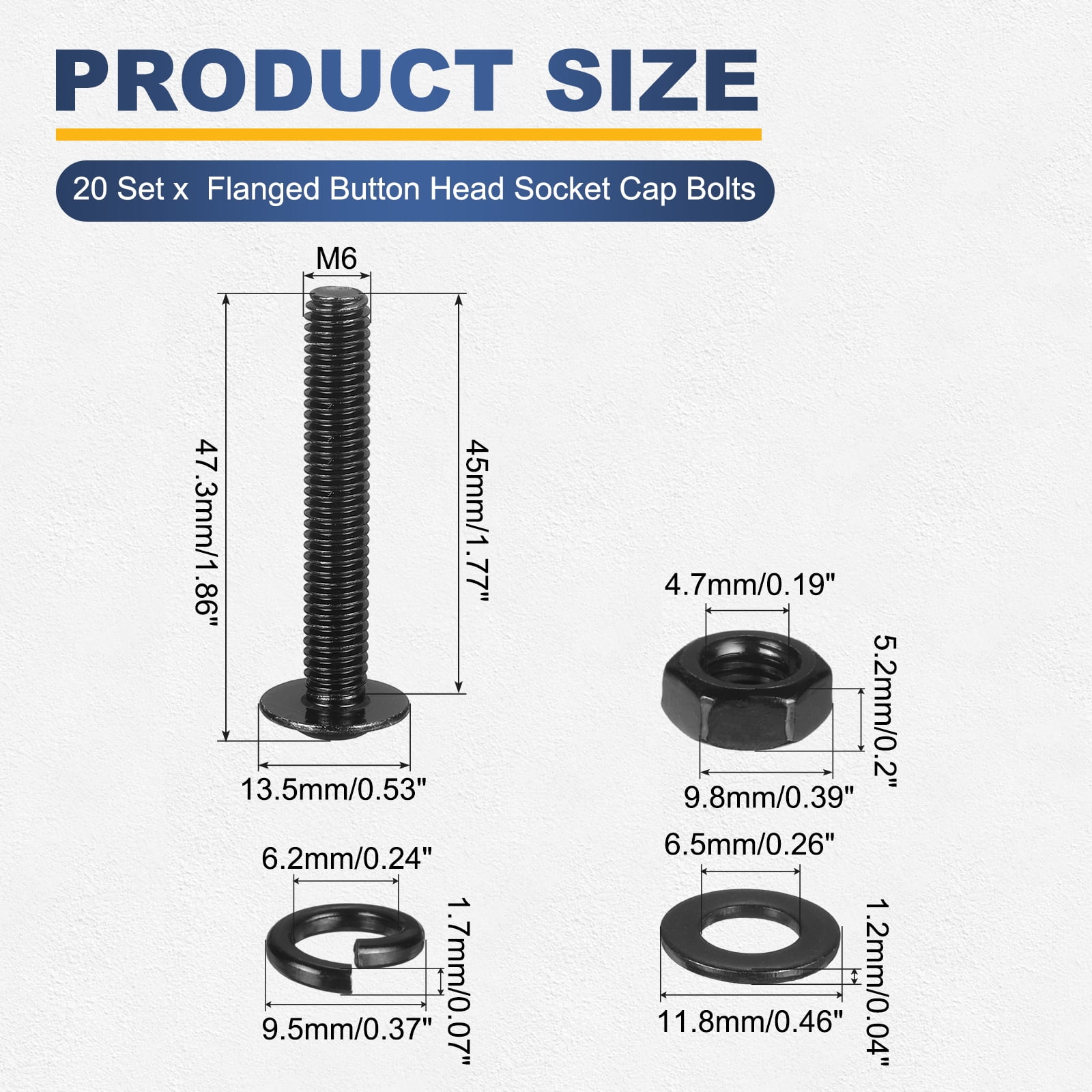 20 Set M6 x 45mm Flanged Button Head Socket Cap Screws, Black 304 Stainless Steel 18-8 Hex Socket Head Screws Bolts, Nuts, Flat & Lock Washers for DIY, Furniture, Automotive