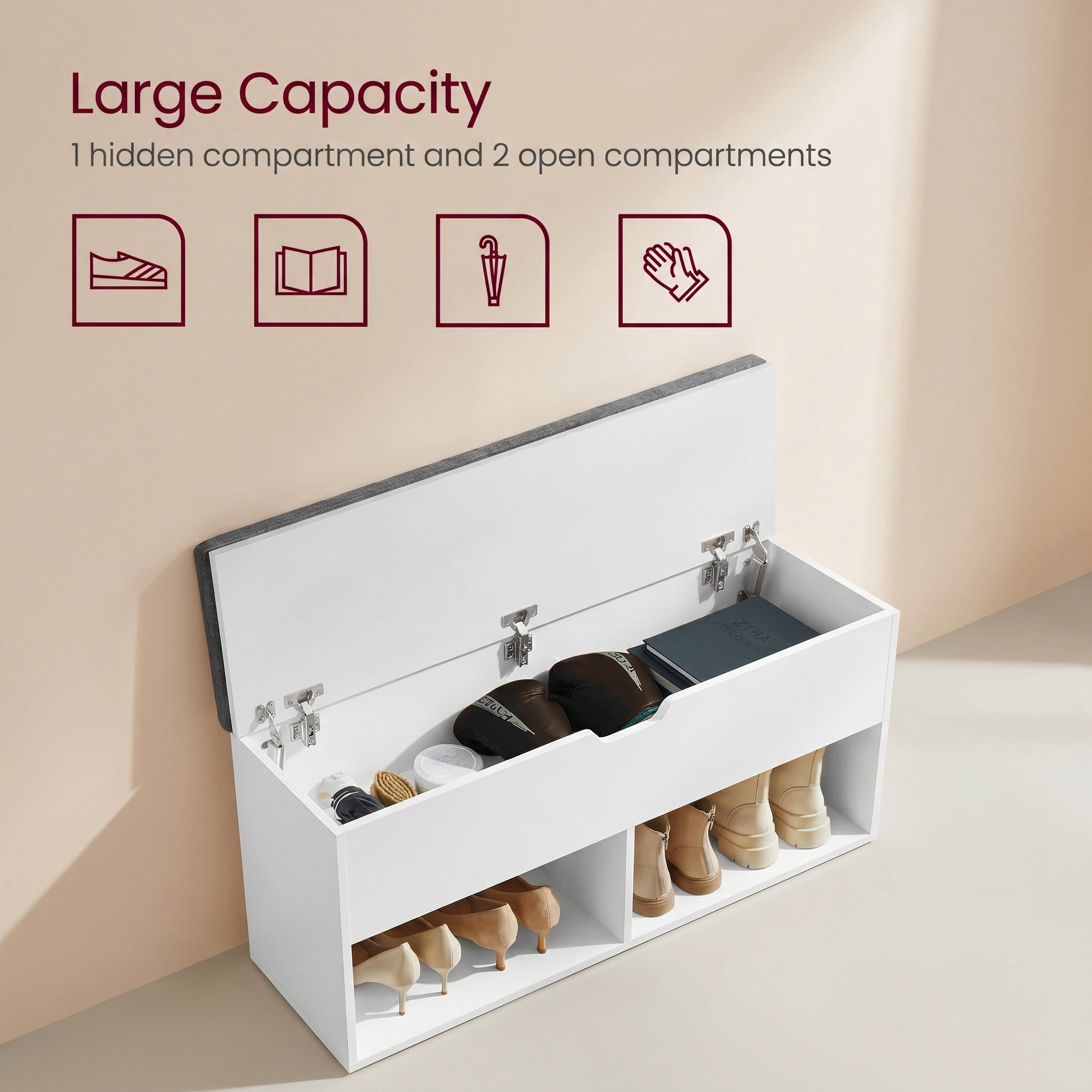 Nordic Hygge White Shoe Storage Bench with Gray Padded Seat and Hidden Compartment