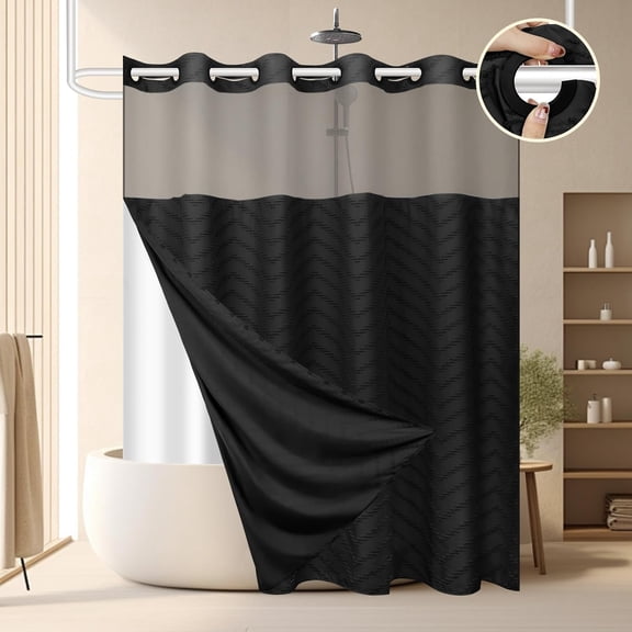 Zrodlmo Tufted Striped No Hook Shower Curtain Waterproof Washable Fabric Boho 72" x 74", Black