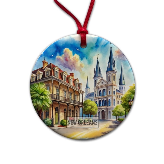 New Orleans Louisiana Travel City Watercolor Christmas Tree Holiday Round Ceramic Ornament