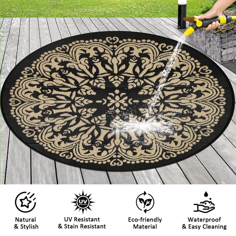 Aonewoe Round Outdoor Rugs 8Ft Waterproof Patio Plastic Straw Rug Reversible Camping Carpet Indoor Outdoor Area Rug for Patio,Deck,Balcony,Picnic,Beach,Outside