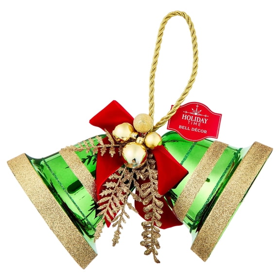 Large Green and Gold Striped Double Bell Christmas Ornament with Bow, 6.5", by Holiday Time