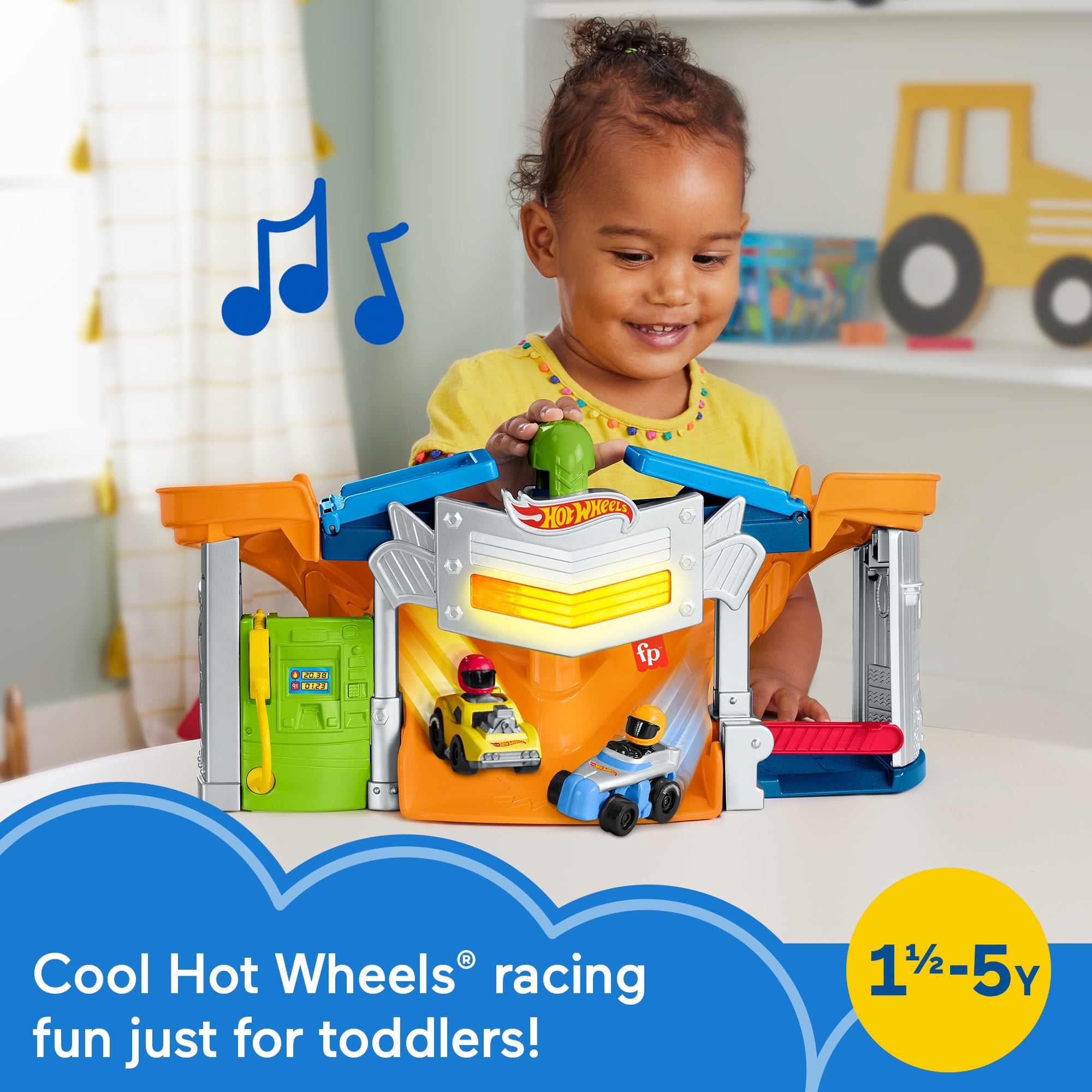 Fisher-Price Little People Hot Wheels Race Track for Toddlers, Race and Go Track Set, 2 Cars