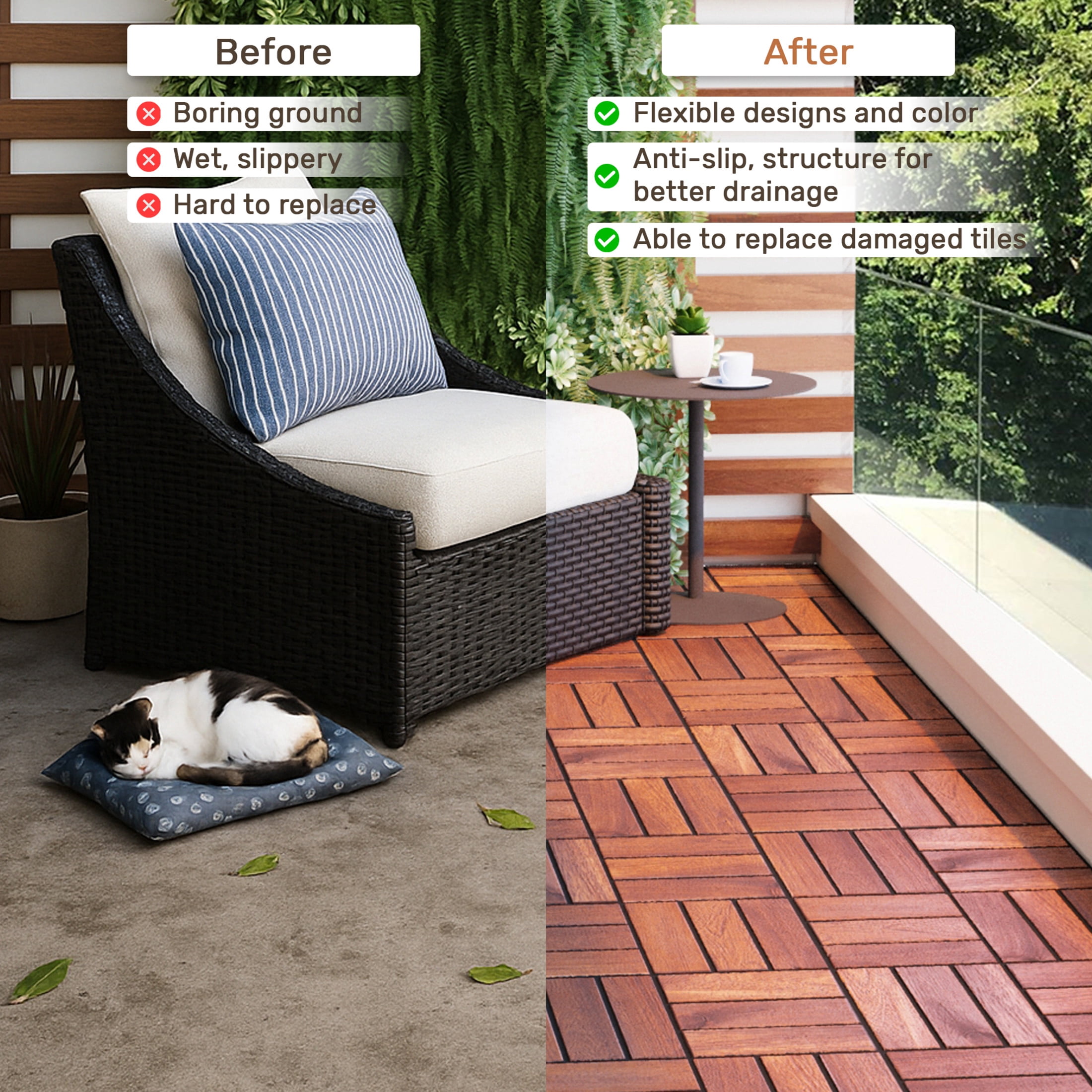 Noble House 12" Checker Acacia Wood Interlocking Deck Tiles, All-Weather Hardwood Patio Flooring, Brown, 10 PCS