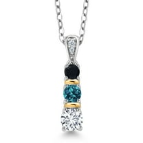 Gem Stone King 925 Silver and 10K Yellow Gold Round White Lab Grown Diamond London Blue Topaz and Black Onyx Pendant Necklace for Women (0.59 Cttw, Gemstone April Birthstone, with 18 inch Chain)
