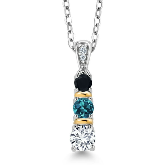 Gem Stone King 925 Silver and 10K Yellow Gold Round White Lab Grown Diamond London Blue Topaz and Black Onyx Pendant Necklace for Women (0.59 Cttw, Gemstone April Birthstone, with 18 inch Chain)