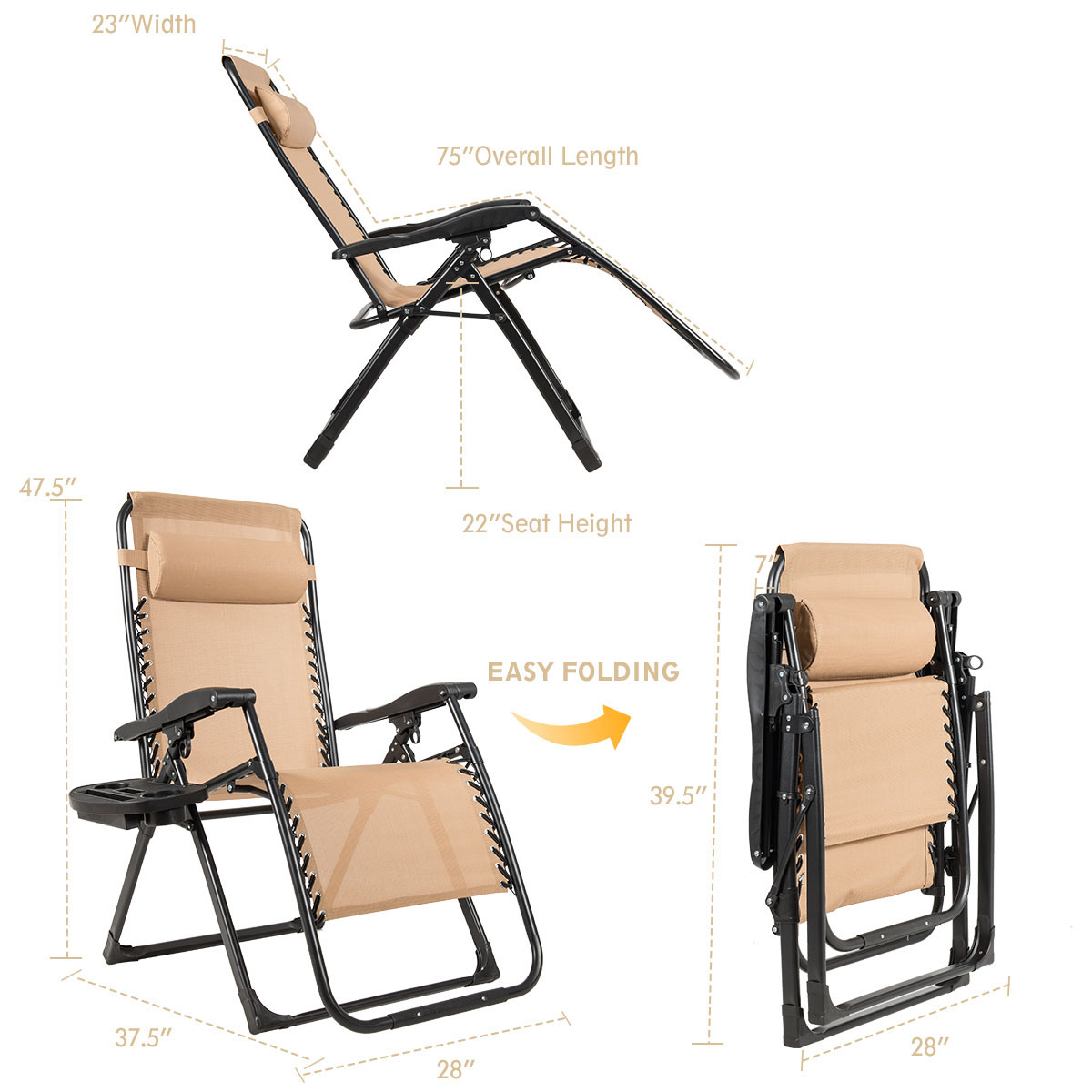 Costway Zero Gravity Chair Oversize Lounge Chair Patio Heavy Duty Folding Recliner Beige - image 3 of 8