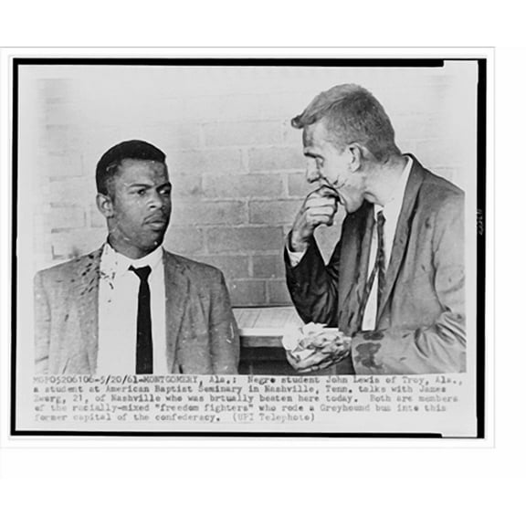 Historic Print, [John Lewis talks with fellow Freedom fighter" James Zwerg who was brutally beaten in Montgomery, Alabama, after riding into town on a Greyhound bus]", 16" x 20"