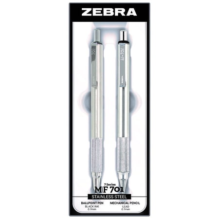 Zebra M/F 701 Stainless Steel Mechanical Pencil and Ballpoint Pen, 0.7mm HB Lead and 0.7mm Black Ink, Gift Box