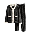 thumbnail image 2 of PNTUTB Women's Fleece Soft Warm Pajama Set Contrast V-neck Button Long Sleeve Pockets Top and Pant Fall Winter Loungewear Set, 2 of 7