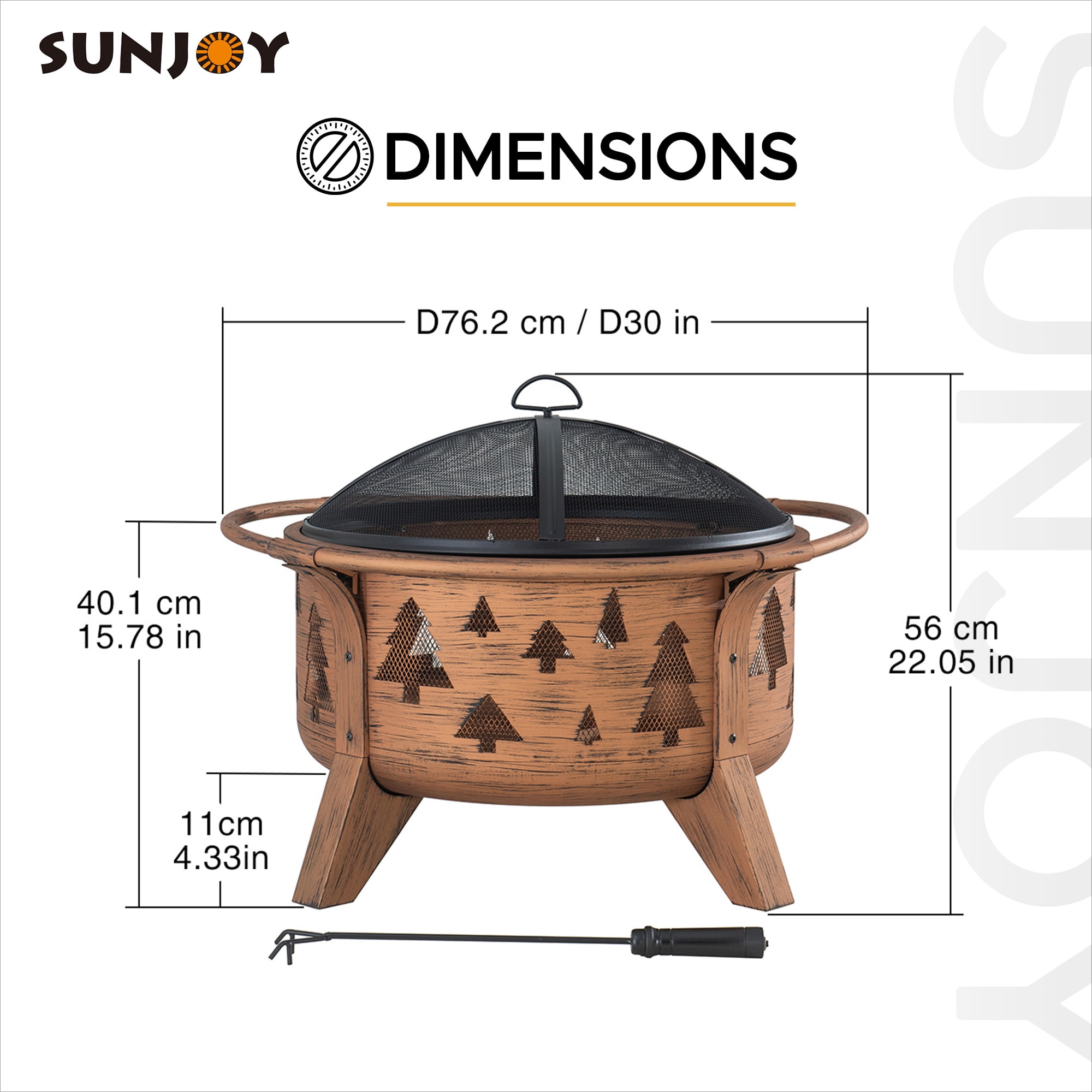 SUNJOY Fire Pit 30 Inch Outdoor Wood-Burning Portable Fire Pit, Patio Tree Motif Round Steel Firepit Large Fire Pits for Outside with Spark Screen and Poker