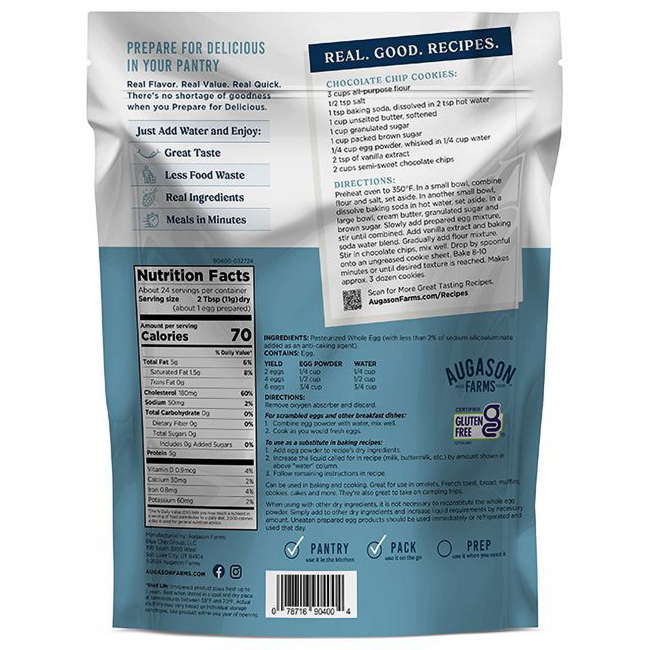 Augason Farms Pasteurized Dried Whole Egg Powder Resealable Pouch, Real Eggs, Emergency Food Supply, Everyday Meals, 24 Servings