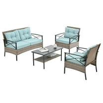 4 Pcs Patio PE Wicker Furniture Set With Black Metal Table, For Backyard, Garden, Blue
