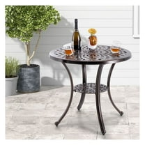 Patio Table Cast Aluminum 31" Round, Outdoor Dining Table with Umbrella Hole, Red Copper, Weatherproof, Adjustable Footpads, Bottom Shelf for Backyard, Poolside, Porch