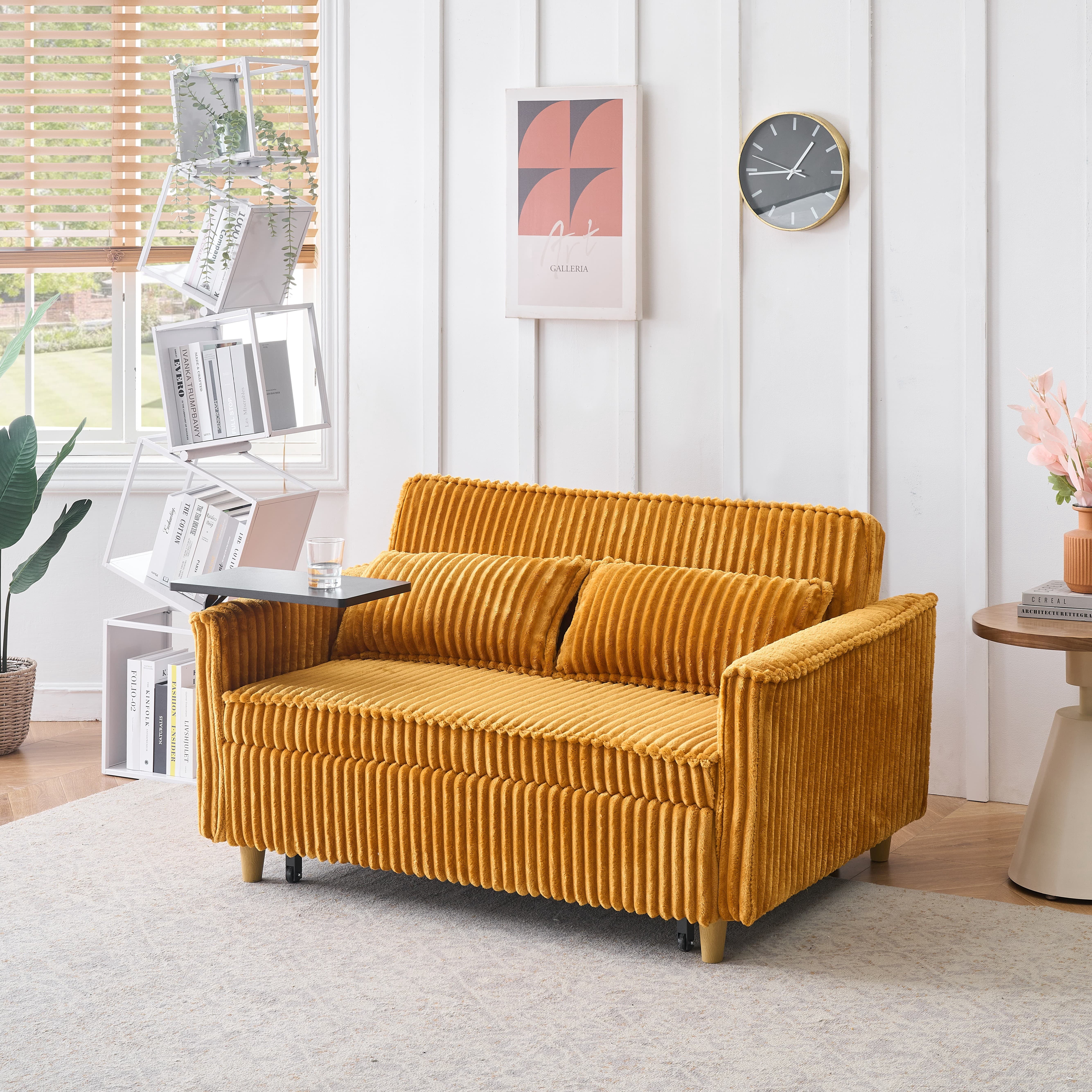 MAYEERTY 54" Pull Out Corduroy Sofa Bed with a Movable Tabletop and USB Ports, Loveseat Sleeper for Apartment, Living Room, Small Space, Yellow