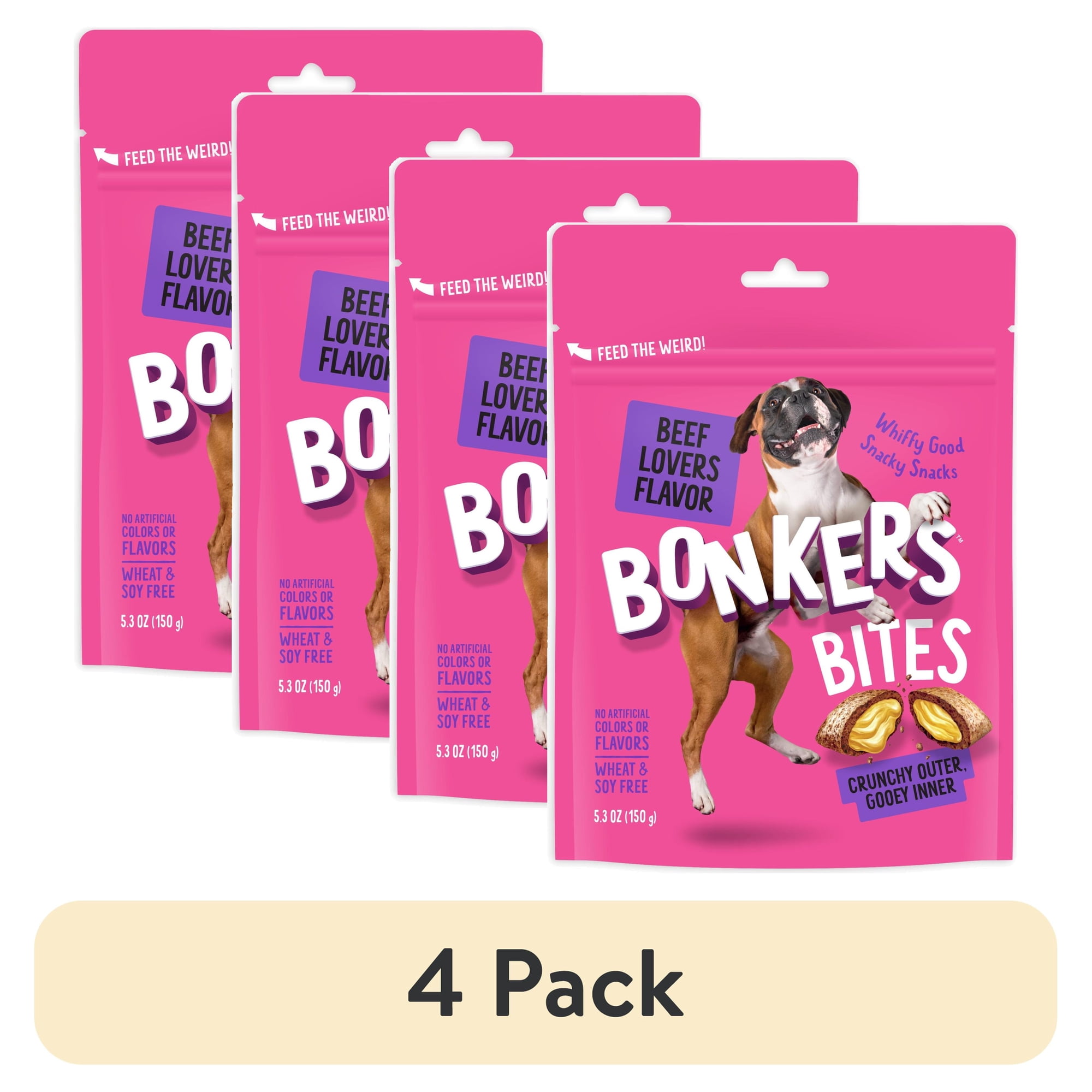 (4 pack) BONKERS Bites Beef Lovers Flavor Crunchy & Soft Treats for Dogs, 5.3oz Bag