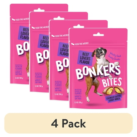 (4 pack) BONKERS Bites Beef Lovers Flavor Crunchy & Soft Treats for Dogs, 5.3oz Bag