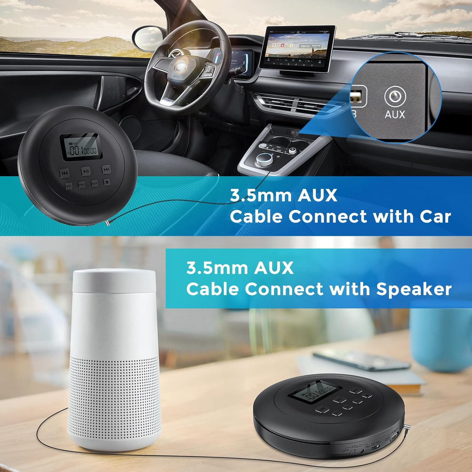 Gueray Portable CD Player with Dual Stereo Speakers, Rechargeable CD Player for Car, Walkman CD Players for Home with Headphones and AUX Cable