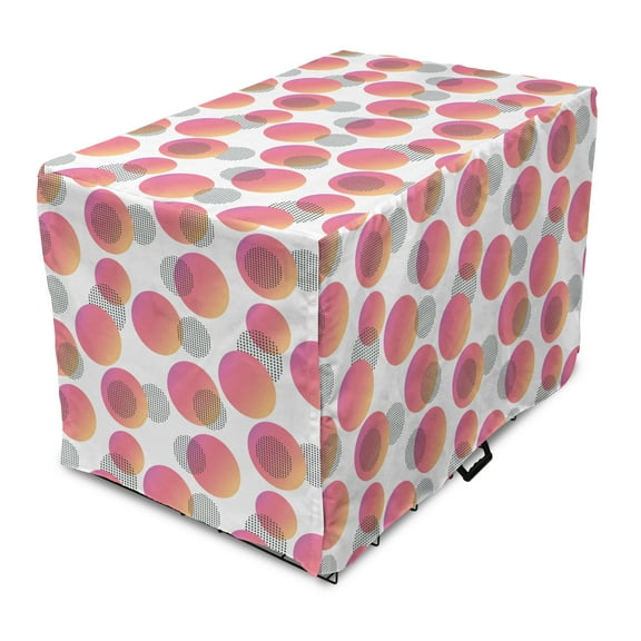 Modern Dog Crate Cover, Futuristic Memphis Style Abstract Geometric Circles of Dots Avant-garde, Easy to Use Pet Kennel Cover Small Dogs Puppies Kittens, 7 Sizes, Coral Pink and Grey, by Ambesonne