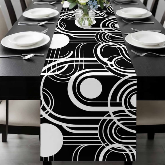 Black White Table Runner, Abstract Line Boho Minimalist Mid Century Arch Geometric Washable Cotton-linen Table Runners Dining Kitchen Decoration for Everyday Home Wedding Party Decor, 13 x 36 Inch