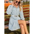 thumbnail image 4 of Women'S Vintage Washed Denim Loose Casual Long Sleeve Raw Edge Dress Light Blue L, 4 of 10