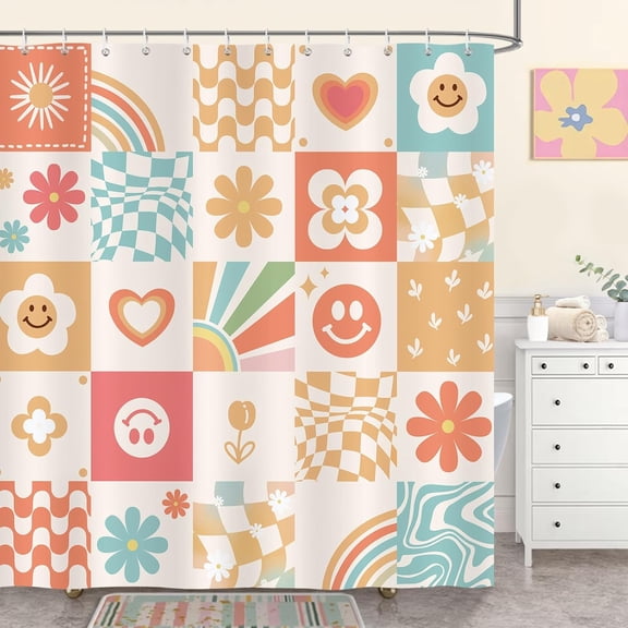 Cute Retro Shower Curtain, Abstract Checkerboard Smiley Rainbow Orange Flower Bathroom Curtain 72 x 72 Inch Polyester Fabric Waterproof Bath Curtain with 12 Hooks