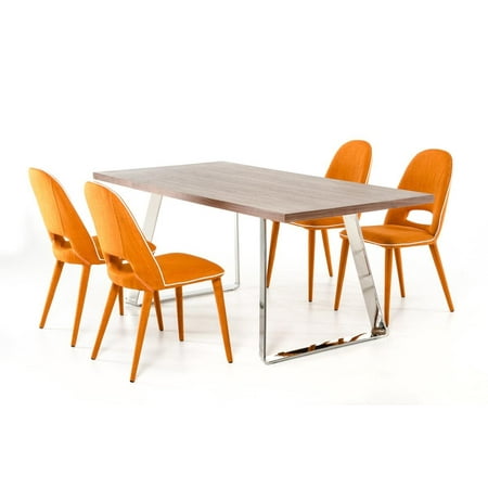 Modern Walnut Dining Table Orange Fabric Chairs Set 5 Pcs Vig Modern Walnut Dining Table Orange