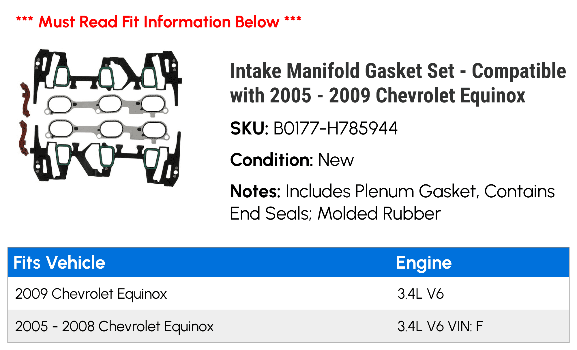 Intake Manifold Gasket Set - Compatible with 2005 - 2009 Chevy Equinox 2006 2007 2008