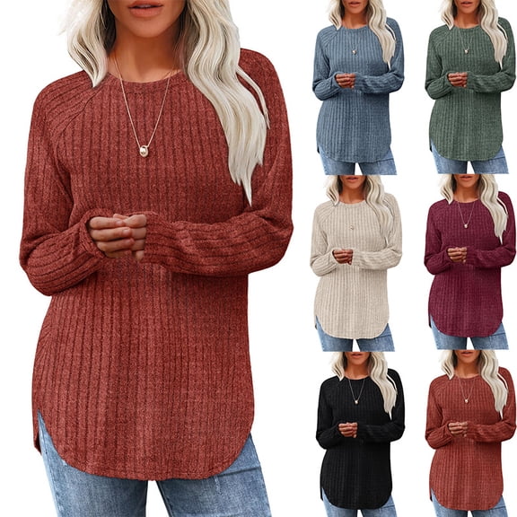 Women’s Ribbed Knit Long Sleeve Sweater Clothes Tunic Tops Loose Fit Dressy Crewneck Pullover Shirts Curved Hem Relaxed Fit Crew Neck Top Fall Winter Clothes Casual Outfits