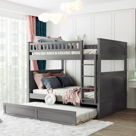 Full Over Full Bunk Bed with Twin Size Trundle  Pine Wood Bunk Bed with Guardrails  Brushed Gray