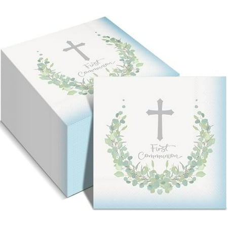 100 Pcs My First Communion Beverage Napkins 5" x 5" Paper Napkins First Holy Baptism Tissue Greenery Disposable Dinner Decor for Communion Baptism Confirmation Religious Events Supplies