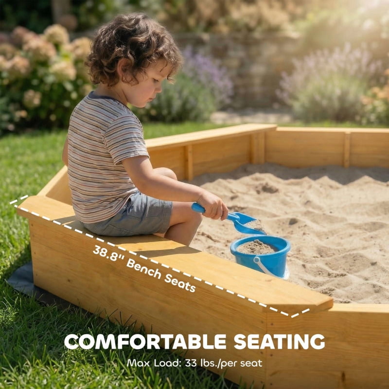 Alvantor Octagonal Wooden Sandbox with Canopy, Outdoor Sand Box with 4 Bench Seats for Kids Aged 3-8 Yellow 84.4"