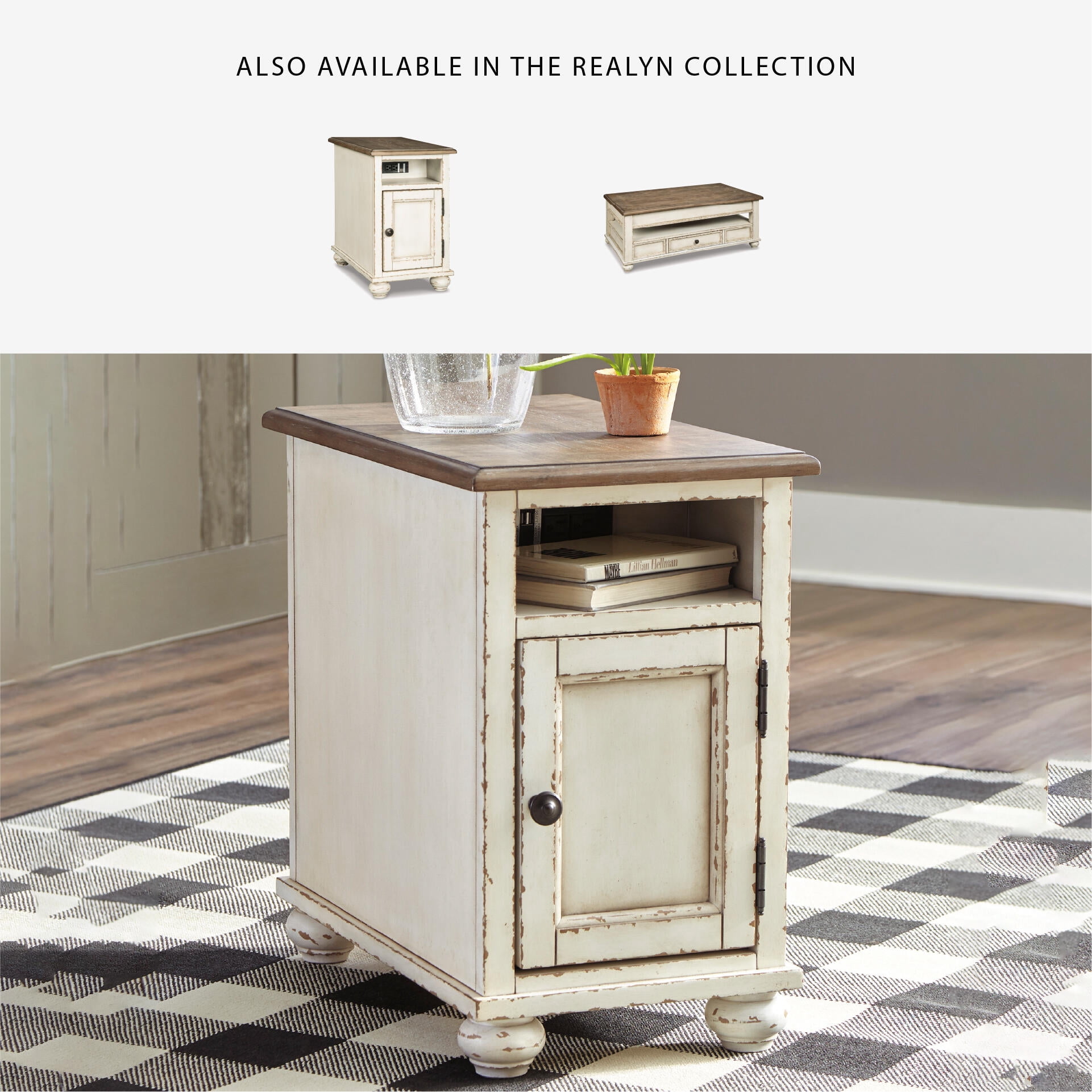 Signature Design by Ashley Realyn Chairside End Table with USB Charging - Farmhouse White/Brown