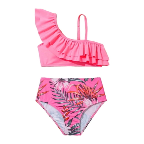 Glisme Summer Girls Swimsuit Toddler 2 Piece Swimsuits Sport Blue Flower Floral Prints High Waist Bikini Set Swimwear Beach Leisure Bathing Suits Size 10-12 Years Pink