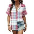 thumbnail image 2 of lulshou Women's Tops Fashion Plaid Button Short Sleeves Shirt Female Lapel Neck Loose T-shirt Casual Checkered Blouse Tops, 2 of 5