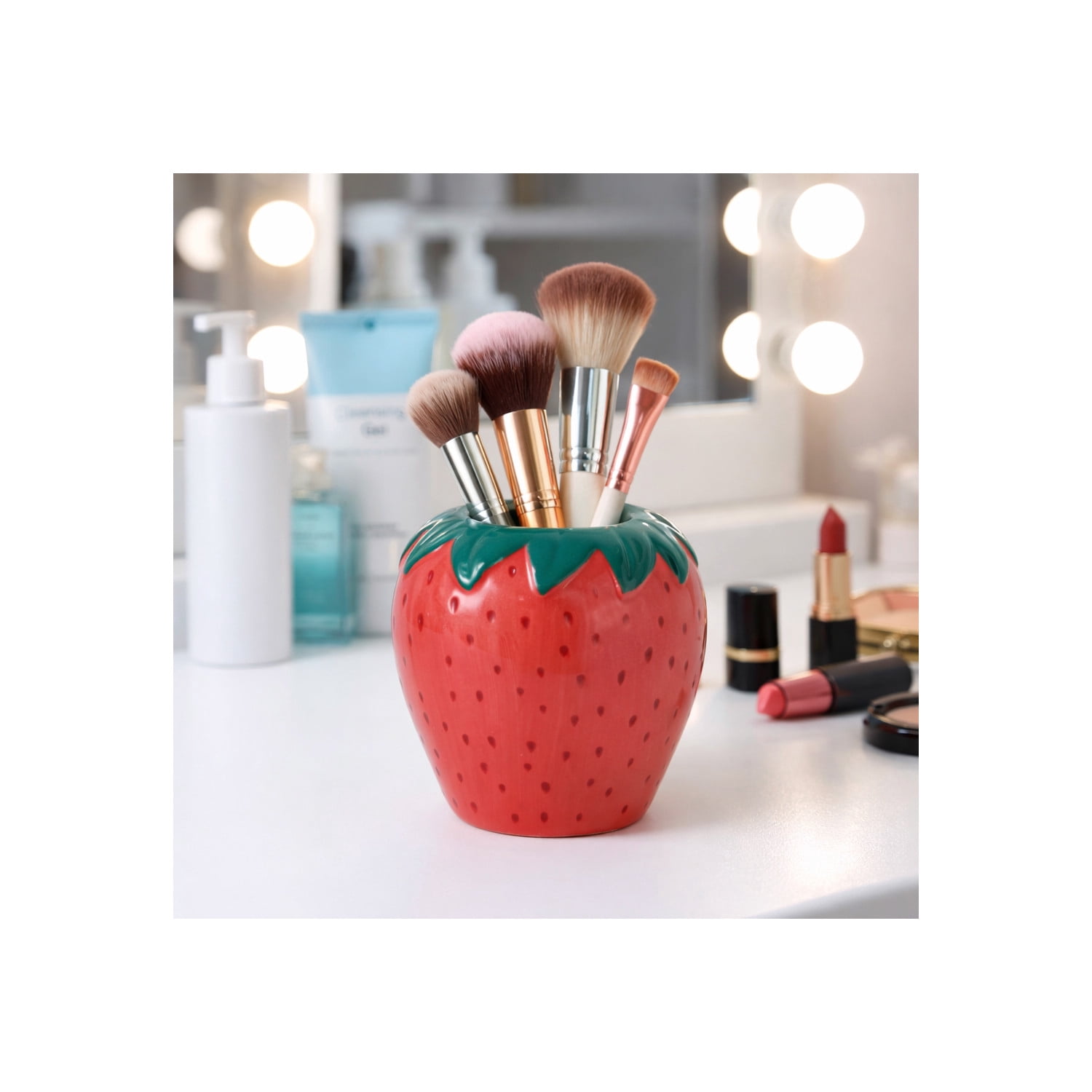 Decorative Ceramic Strawberry Pencil Cup for Desk Organization - Small Desktop Office Storage Organizer for Workspace Decor - Modern Desk Accessory for Home Decor Display - 4", Red & Green