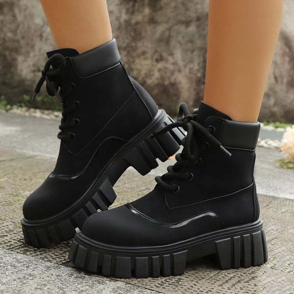 HAOTAGS Boots for Women, Fall Thick Heel Casual Mid Calf Lace Up Boots Black 7